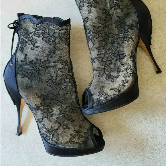 Dior Lace And Satin Mock Lace Up Peep Toe Booties - Picture 2 of 10